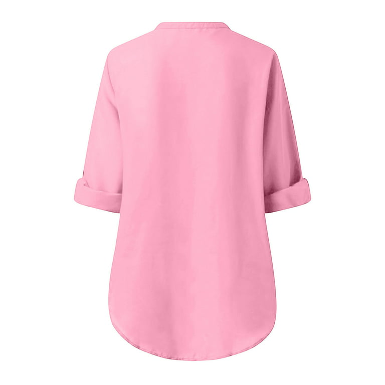 RYRJJ Women's V Neck Chiffon Blouse Half Zip Up Tunic Shirts 3/4 Roll Sleeve  Flowy Tops Work Casual(Pink,5XL) 
