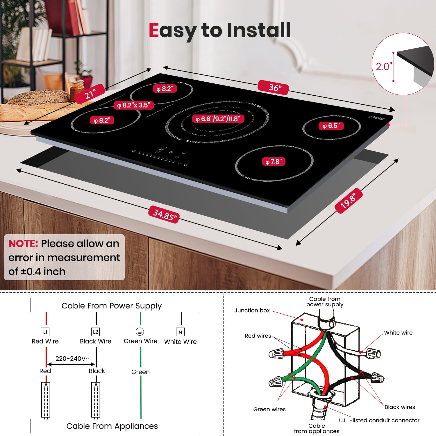 Gasland Chef 36in. 5 Elements Radiant Electric Cooktop in Black with Tri-Ring Element and Bridge Element