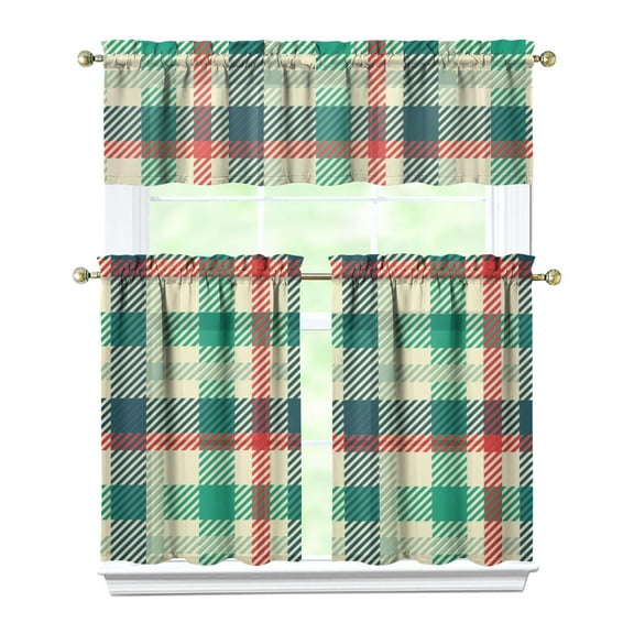 Kitchen Curtains 36 Inch Short - 3 Panel Set, Rod Pocket Window Curtain, 100% Polyester for Farmhouse, Cafe, Kitchen, Living Room, Bedroom, Rustic Buffalo Plaid & Geometric Design, Easy Wash