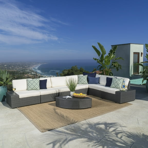 Keyston Outdoor 8 Piece Wicker Sectional with Cushions, Grey, White