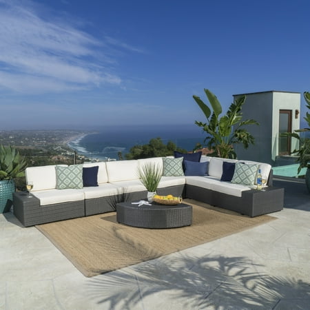 Keyston Outdoor 8 Piece Wicker Sectional with Cushions, Grey, White