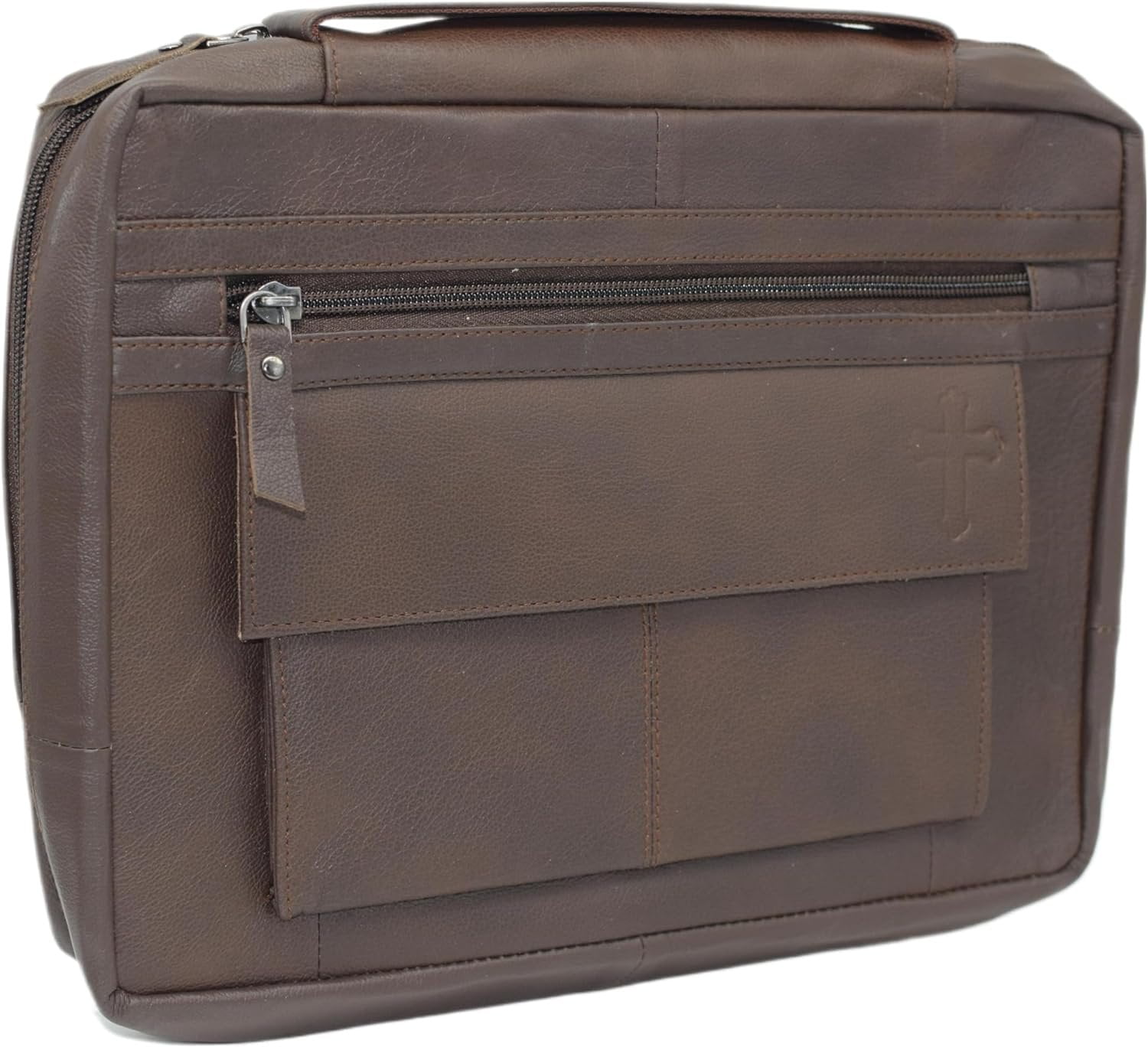 Large Cross Bible Book Cover Genuine Leather with Handle Cross Brown