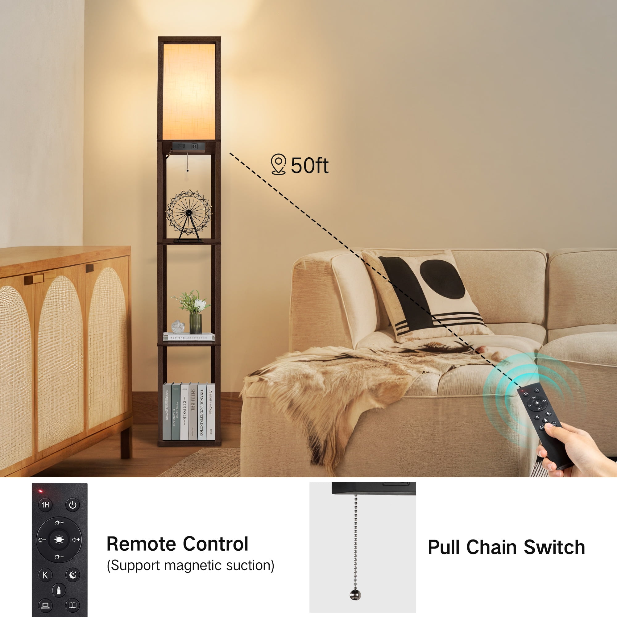 OUTON Floor Lamp with Shelves and Charging,  63.7''  Dimmable Standing Tall Wood Shelf Lamp with Remote for Living Room, Bedroom, Brown