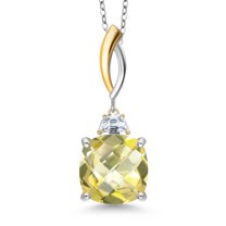 925 Silver and 10K Yellow Gold Yellow Lemon Quartz and White Moissanite Pendant 2-Stone Necklace for Women | 6.93 Cttw | Gemstone Birthstone | Cushion Checkerboard 12MM | With 18 inch Chain