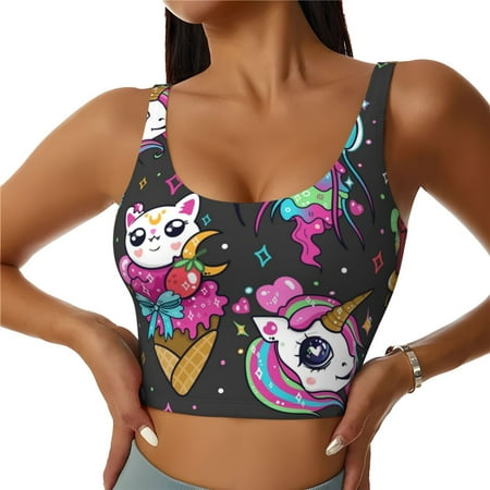 Jgfou Cat Icecream Print Womens Sports Bra - Padded Workout Sports Bras Crop Tank Top
