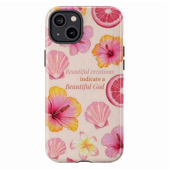 Christian Floral Phone Case, Tropical Hibiscus Pink Grapefruit Faith Quote Cover for iPhone 16 15 14 13 12 11 Pro Max Plus Mini