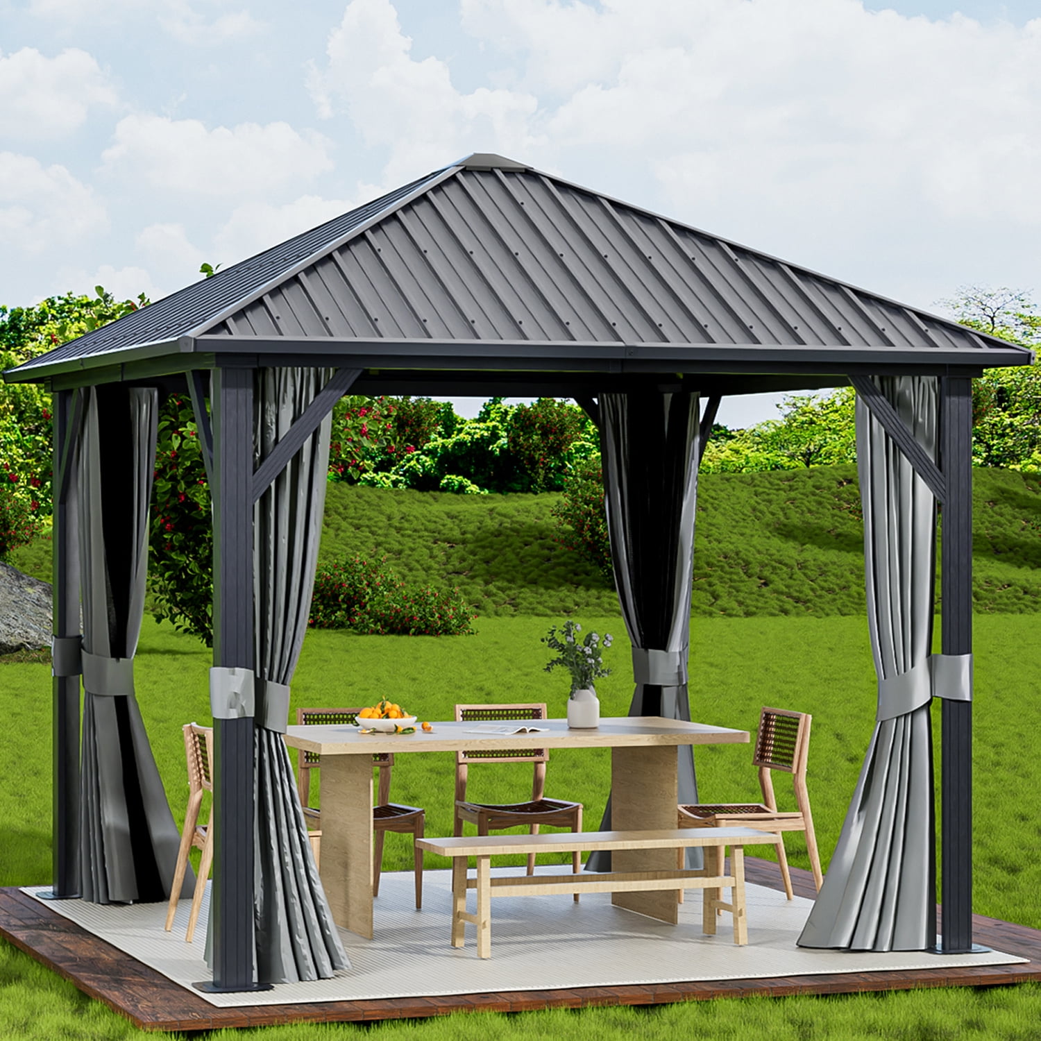Sunmthink 10x10 Hardtop Gazebo, Outdoor Metal Canopy Gazebo with Netting and Curtains for Garden, Patio, Backyards, Gray