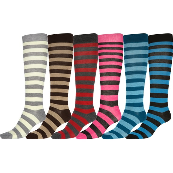 Sakkas Ladies Cute Colorful Design or Solid Knee High Socks Assorted 6-Pack - Stripe - 9-11