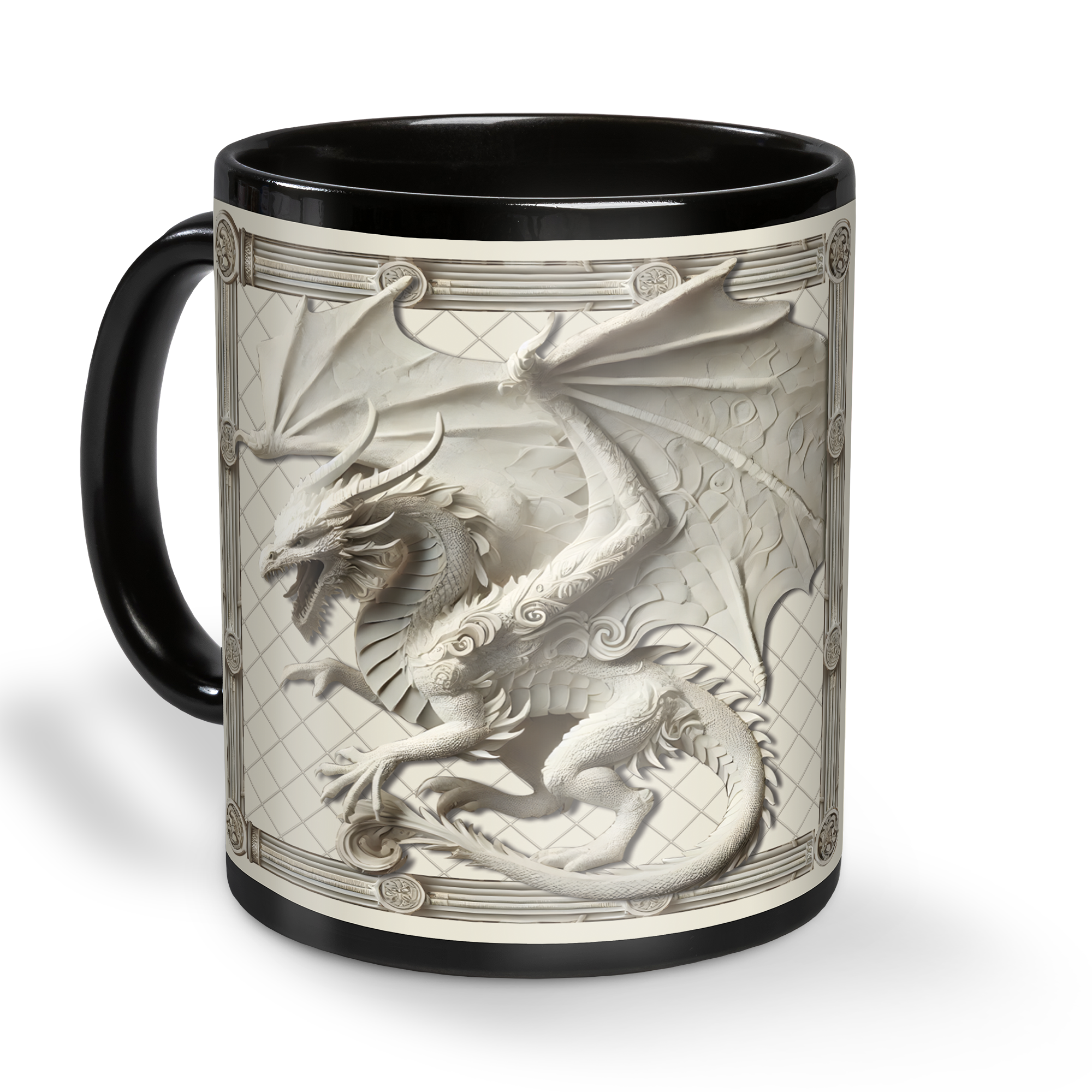 Lotusprinthandmade 3D White Dragon Lovers Black Ceramic Mug (15oz) (Made In US), Mystical Dragon-Themed Coffee Cup