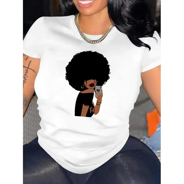Camiseta De Manga Corta Con Cuello Redondo Para Mujer, Camisetas De Verano Para Uso Diario Y ViajesWomen's Casual Chic Afro Puff Graphic Tee - Comfy Polyester Blend, Round Neck Short Sleeve, Machine
