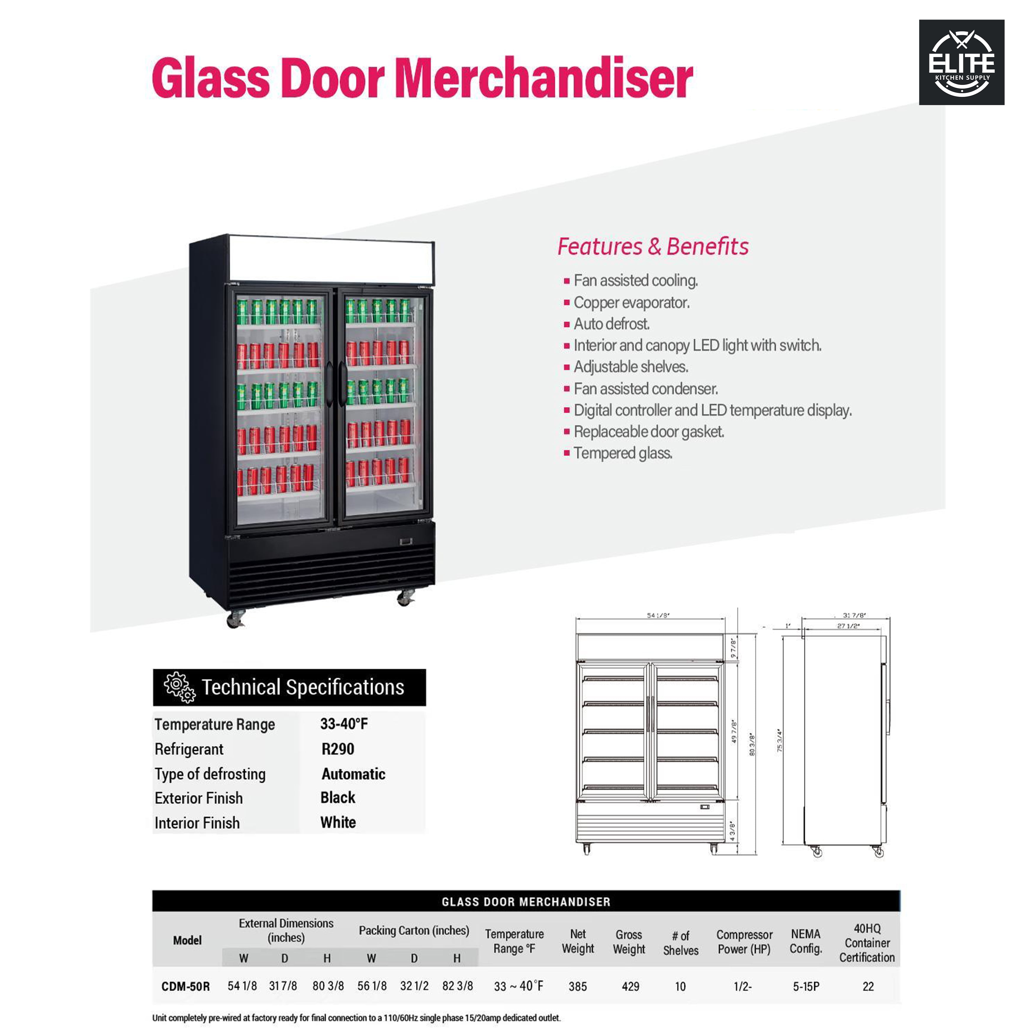 NSF 54 in. Two Glass Door Refrigerator Cooler 40 Cu.Ft. Commercial Fridge Beverage Cooler Merchandiser, Automatic Defrost ETL