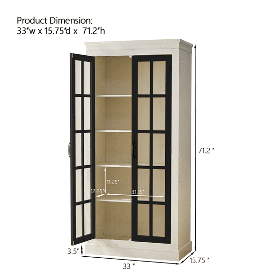 Wooden Cabinets, 71.2'' Freestanding Glass Door Pantry, Farmhouse Style Display Cabinets, Curio Cabinet with Lattice Window for Hallways, Livingroom Kitchen & Office, White & Balck