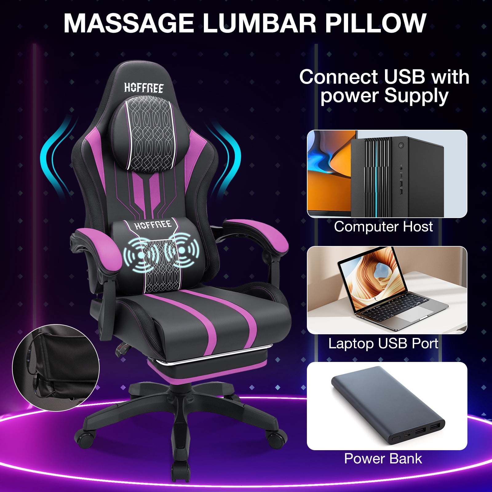 Hoffree Gaming Chair with Speakers Big and Tall Office Chair with Footrest Heavy Duty Gamer Chair with Lumbar Support Height Adjustable 360-Swivel Seat and Headrest for Adults, 400lbs