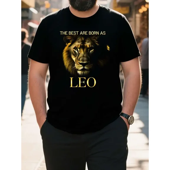 Men's 100% Cotton Leo Zodiac Graphic T-Shirt - Soft Breathable Crew Neck Tee with "The Best Are Born as Leo" Lion Design, Plus Size Casual Shirt for Joggers & Casual Attire