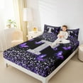 thumbnail image 4 of Feelyou Fashion Monogrammed T Twin Sheet Sets, Bling Butterfly Animal Twin Fitted Sheet, Black Purple Sequin Print Flat Sheet, Luxury Bedroom Decor, 3-Piece, 4 of 7