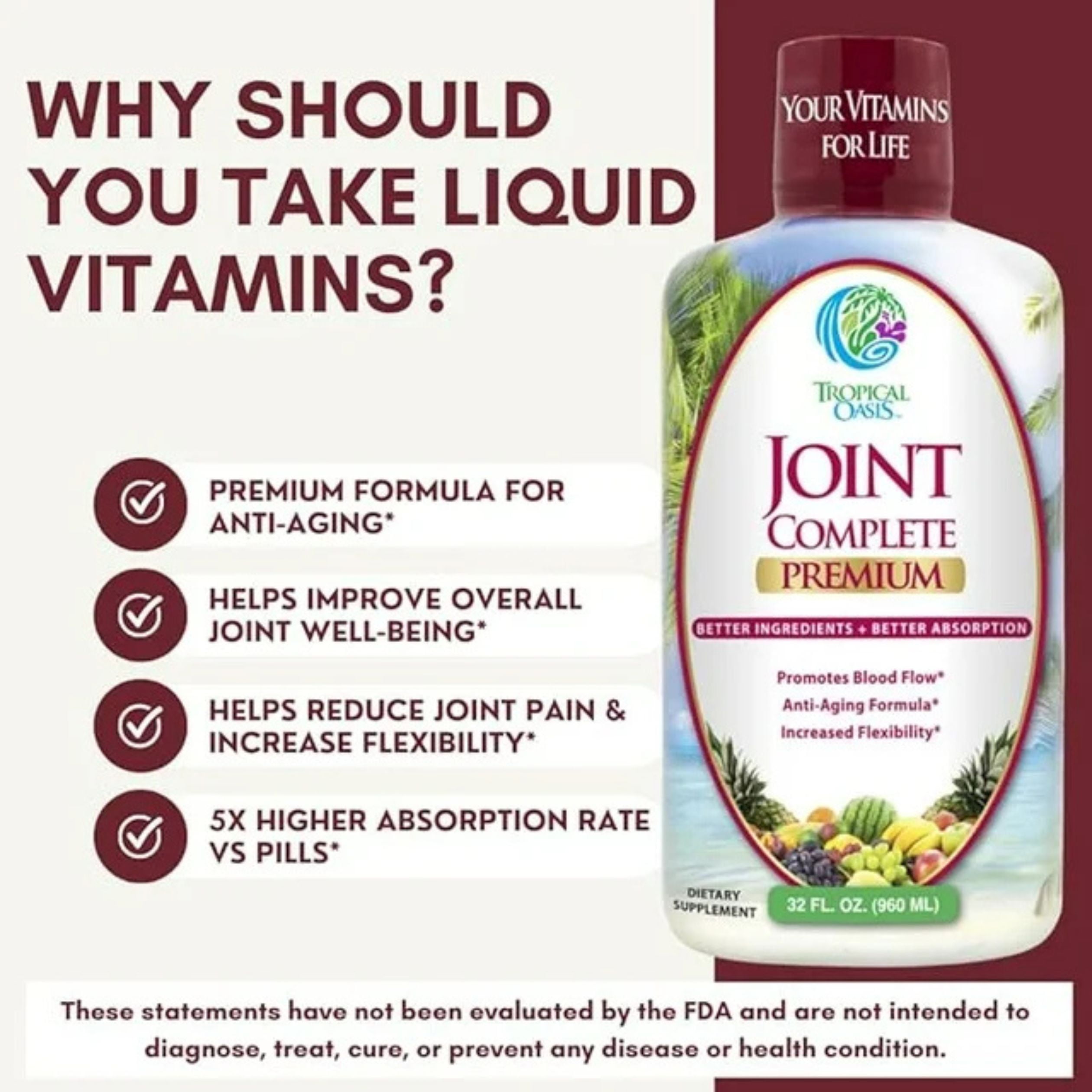 Tropical Oasis Joint Complete Prem, Advanced Liquid Vitamin Supplement with Glucosamine & MSM for Joint Comfort & Natural Mobility, 32 Fl Oz, 32 Servings