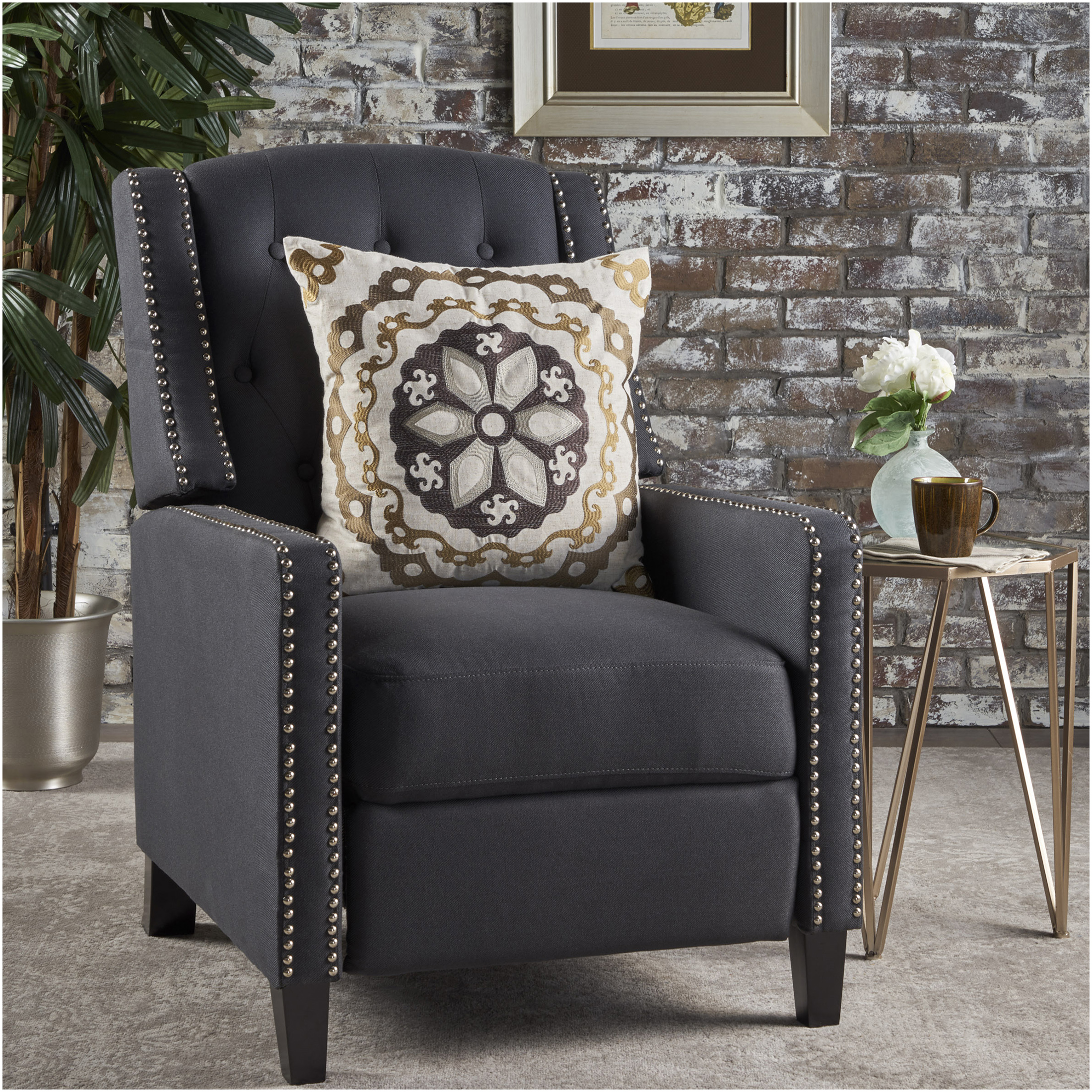 JERFIT Recliner Chair Dark Gray Fabric Push Back Reclining Armchair with Wood Legs for Living Room