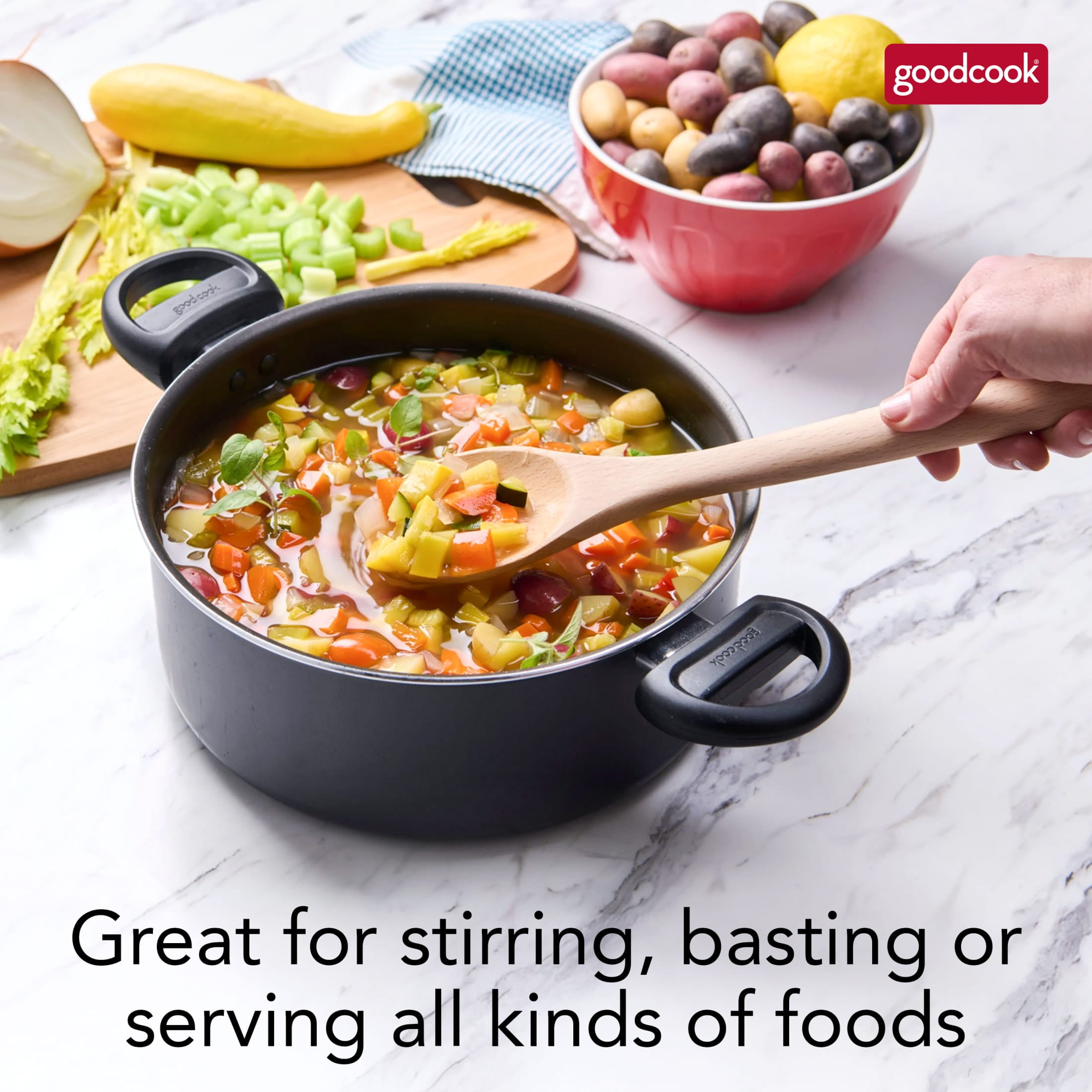 (4 pack) GoodCook Pro 13-Inch Wooden Basting Spoon for Stirring, Mixing, and Basting