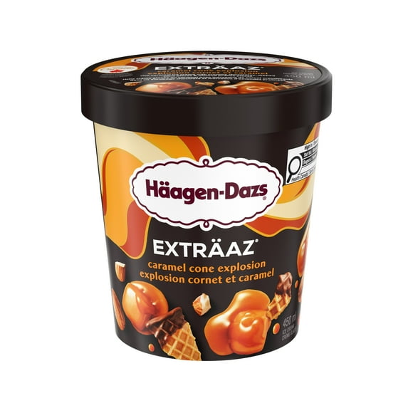 EXTRÄAZ Caramel Cone Explosion, Caramel Ice Cream, Almond Pralines, Chocolatey- Dipped Cone Pieces, Canadian Dairy, No Artificial Colours or Flavours, 450 mL