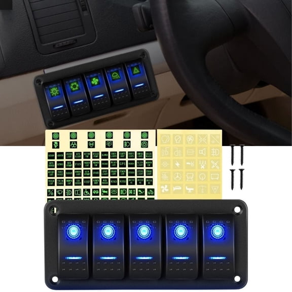 Waywe 5 Gang Rocker Switch Panel 5Pin On Off Toggle Switch Aluminum Holder 12V 24V Dash Pre-Wired Blue Backlit Switches for Automotive Cars Marine Boats RVs Truck