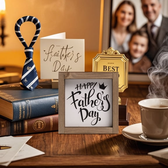 Happy Fathers Day Sign, 6 Inch Wooden Father's Day Decorations, Dad Plaque Indoor Home Table Wall Shelf Tiered Tray Office Desk Rustic Farmhouse Decor Papa Birthday Gifts