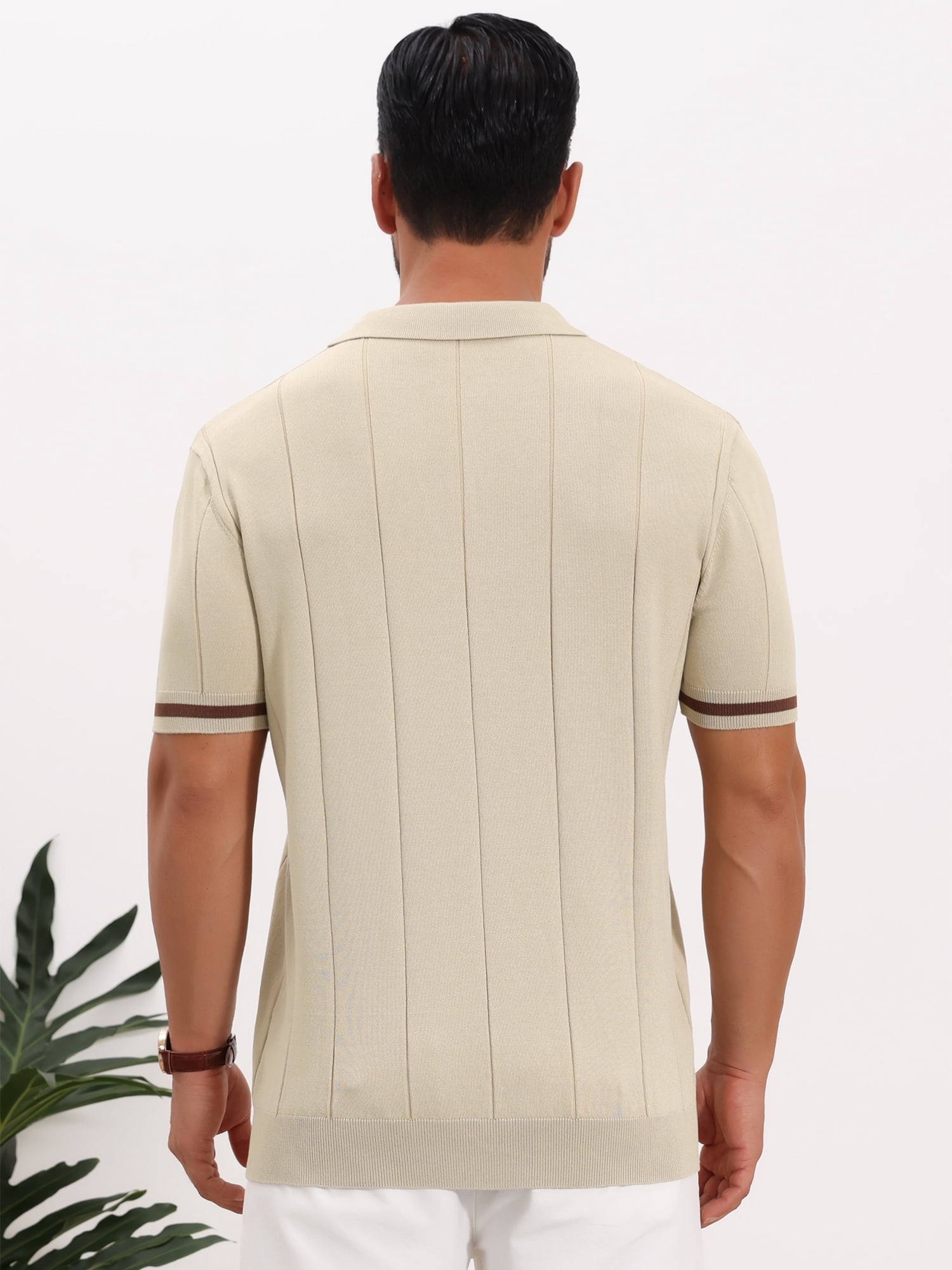 DARING DIVA Men's Textured Zip Up Ribbed Hem Short Sleeve Golf Polo Shirts L Beige