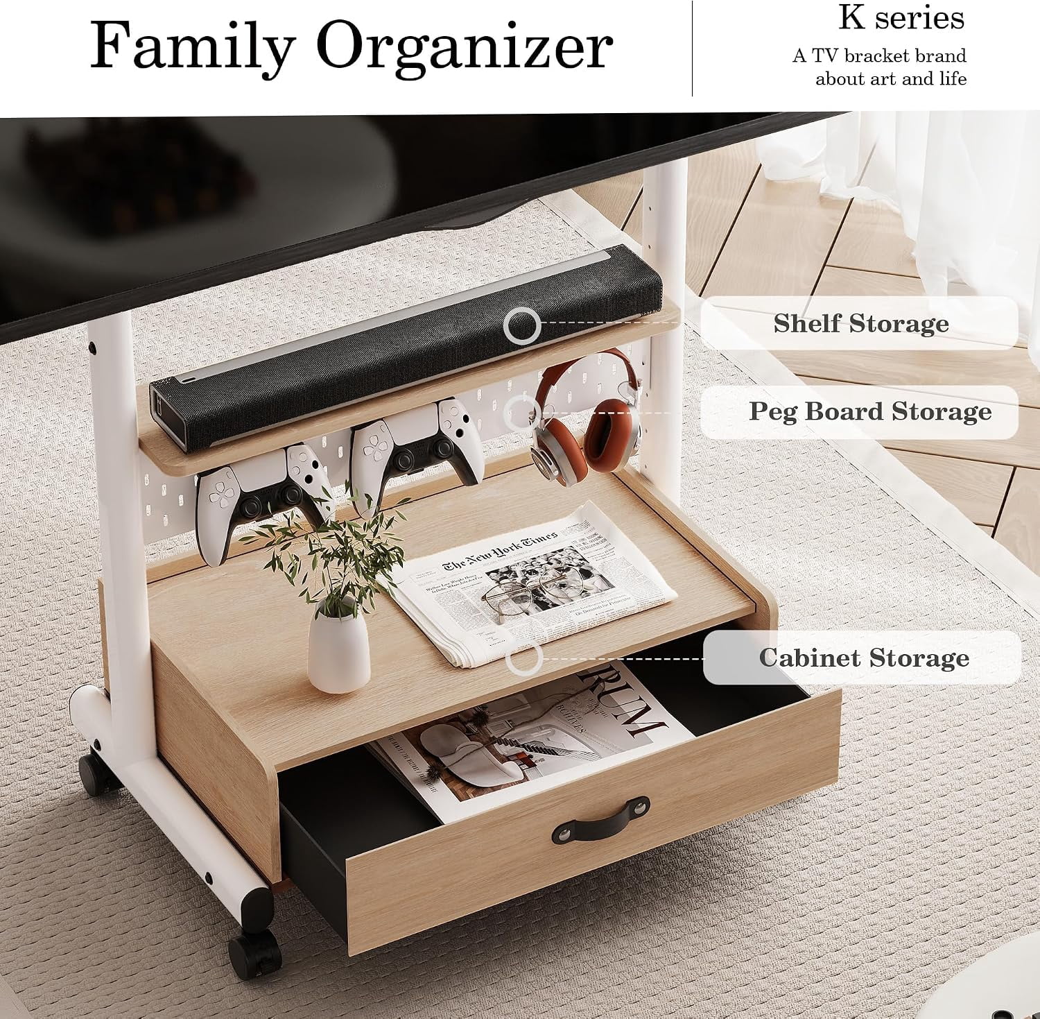 FITUEYES Rolling TV Stand for 40–85 Inch TVs, White, Drawers & Pegboard, Storage Shelf
