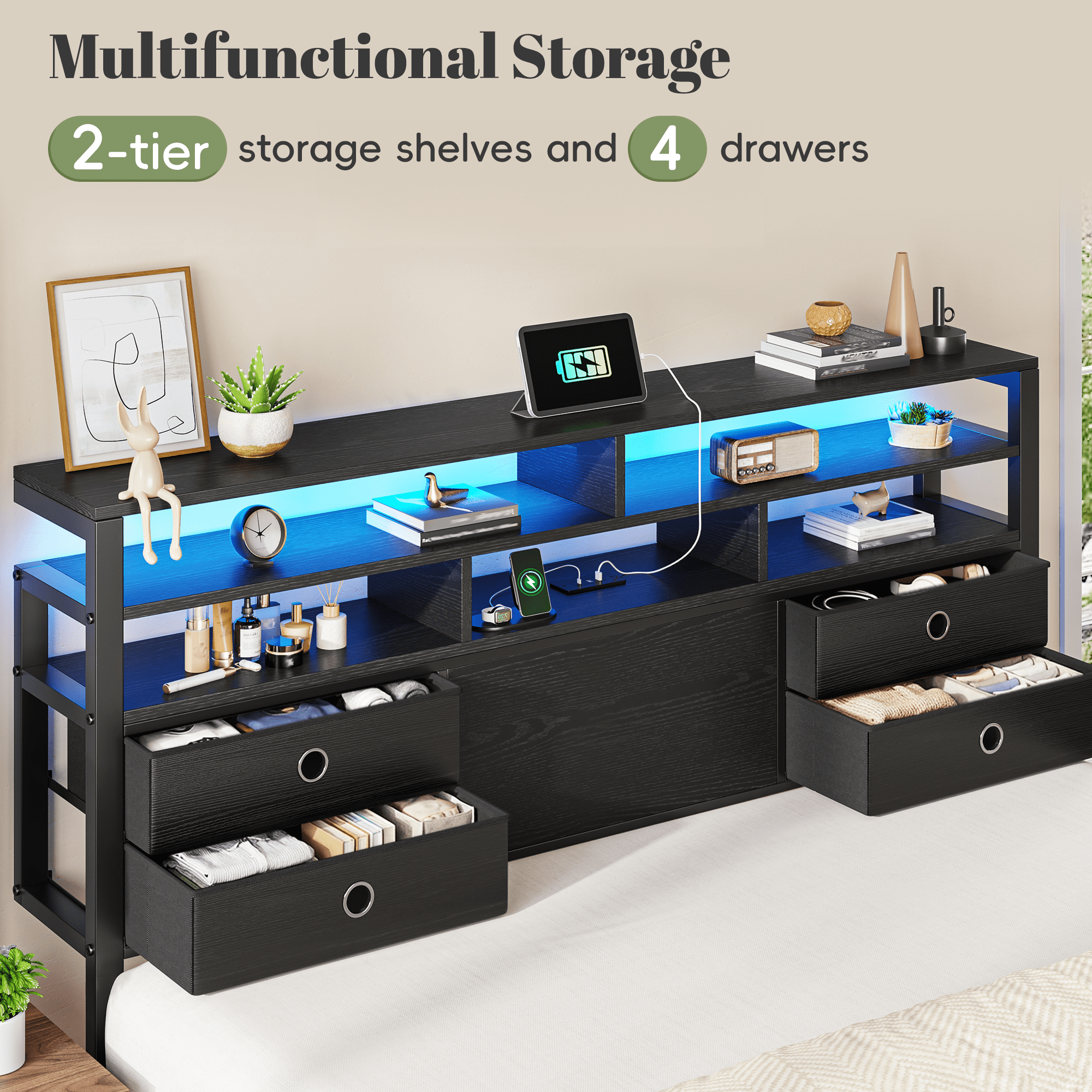 EnHomee Metal Bed Frame King with Headboard Metal Bed Frame with 4 Storage Drawers & 2-Tier Shelf & LED Light & Charge Station,Black