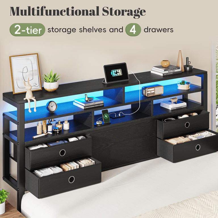 EnHomee King Metal Bed Frame with Storage, LED Light & Charging photo 2