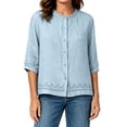 thumbnail image 5 of Ayolanni Scoop Neck Summer Women Blouses Cotton Linen Button Down Solid 3/4 Sleeve Blouse Textured Pockets Oversized Tees Summer Tops Blue L, 5 of 7