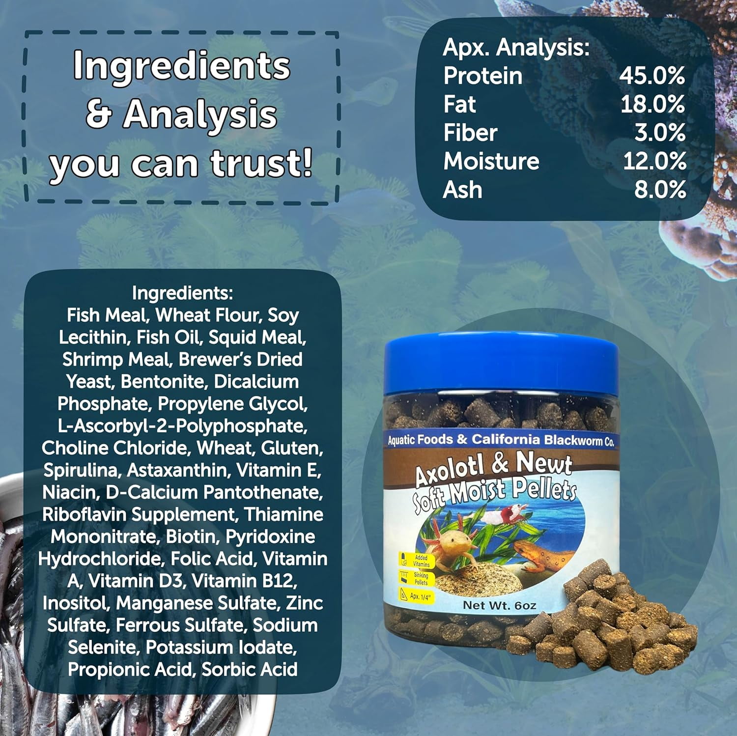 Axolotl Food 1/4" Soft Moist Sinking Pellets for Adult Axolotl, Snails, Shrimp, Catfish, ALL Bottom Fish, Blackworm Pellets Included 1-lb 8oz Canister