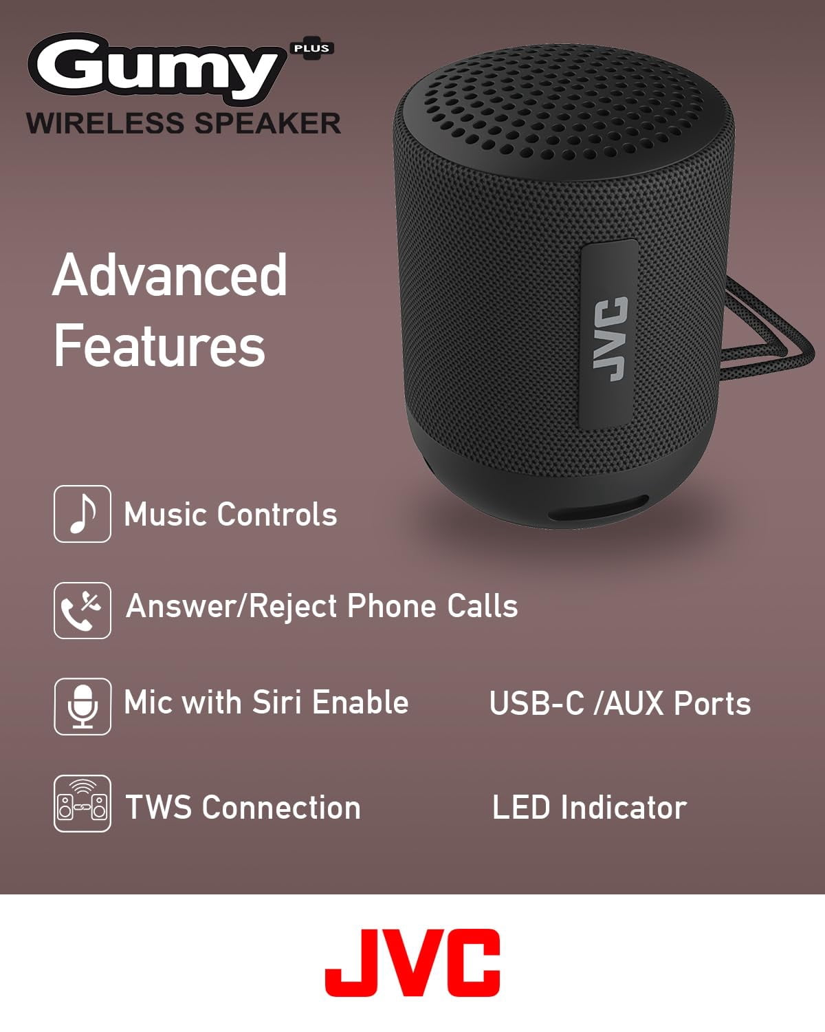 JVC Portable Gumy Plus Wireless Speaker with 45mm Driver for Powerful Surround Sound, Bluetooth 5.3, Lightweight, TWS Capability, USB-C, AUX in, up to 16-Hour Battery Life - SPSG2BTB (Black)