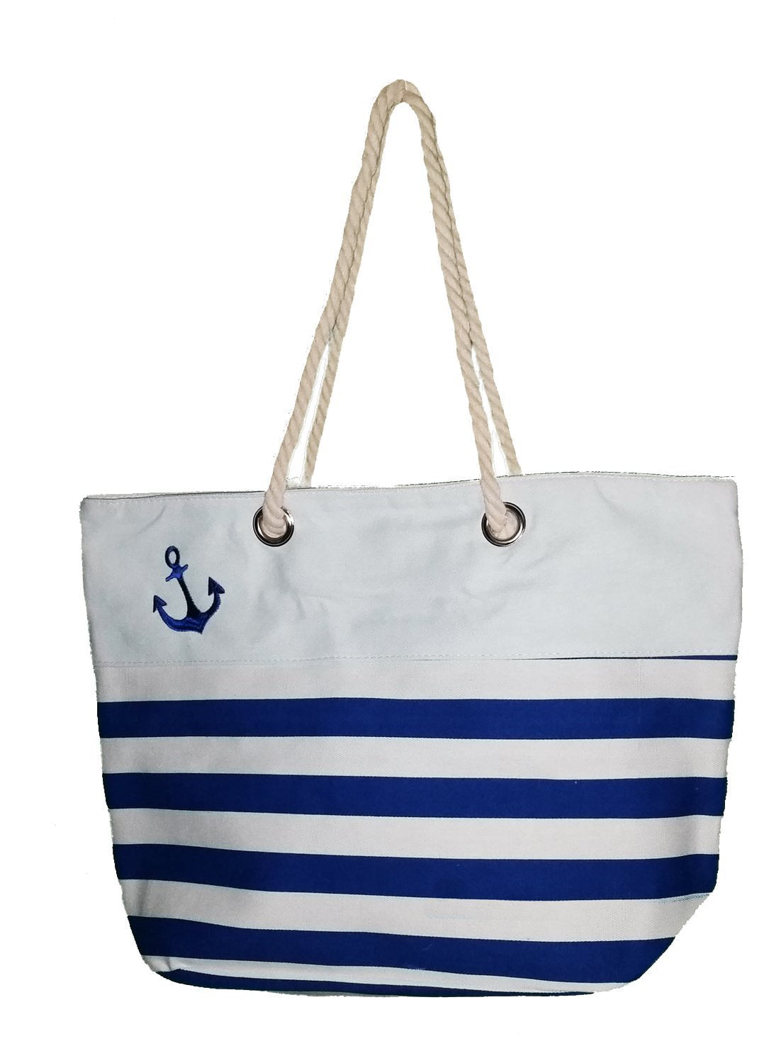 Personalized, Purple Custom Nautical Stripe Anchor Accent Zipper Beach Bag Tote with Rope Handles