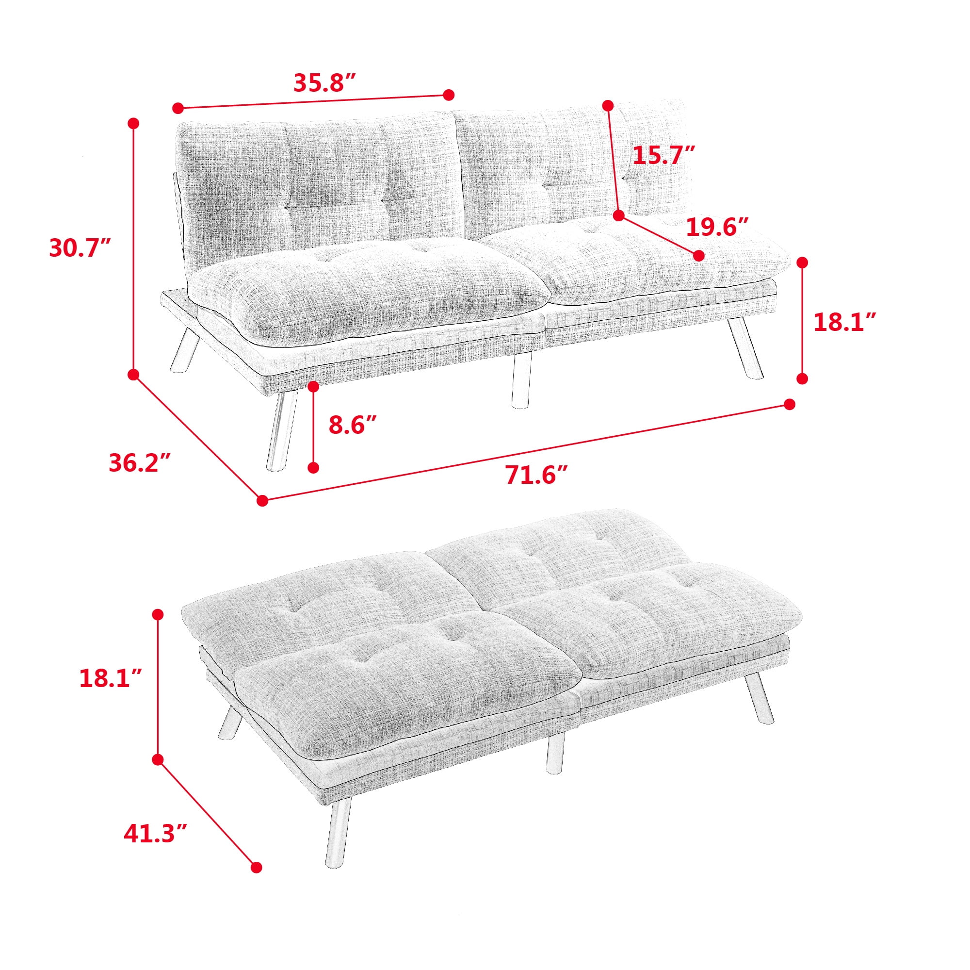 Aukfa 72" Wide Upholstered Futon Convertible Sofa Bed for Home Office, Split Back, Chenille, White