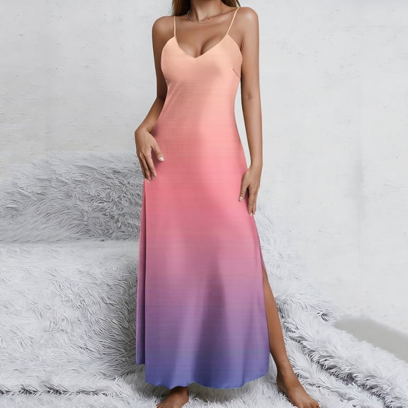 Haivin Womens Deep V Neck gradient Print Maxi Dress Sleeveless Slit Sexy Mermaid Long Dress for Beach Vacation Summer Party
