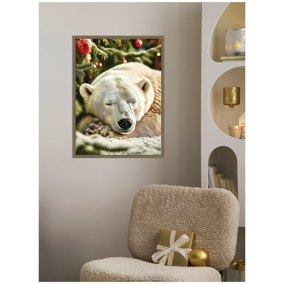 Kate and Laurel Framed Canvas Wall Art Print 'Icebear Sleeping Beneath a Christmas Tree' by Michael Schauer, 18 x 24 Sylvie Dark Gold Frame, Whimsical, Animal Art for Wall Decor