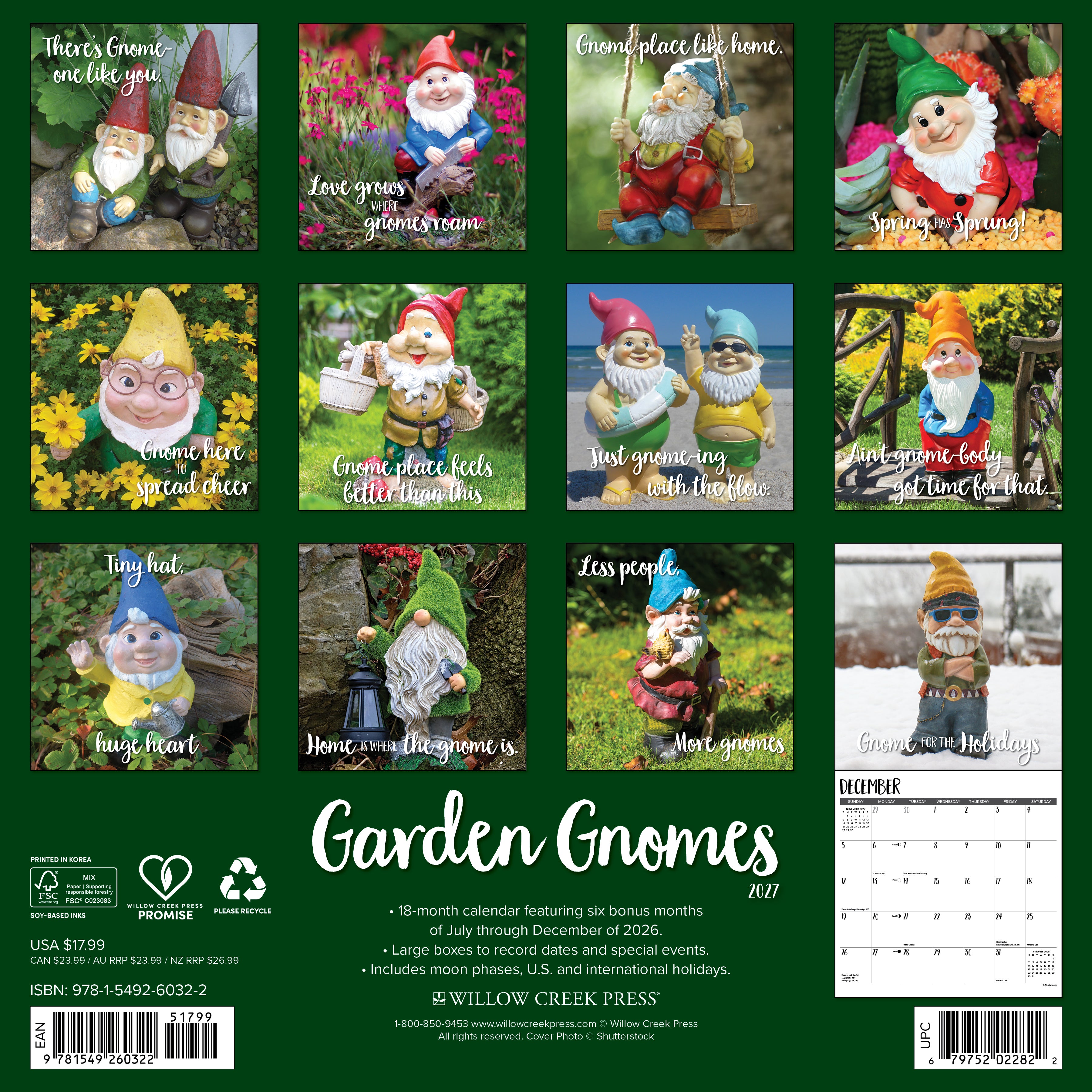 Willow Creek Press, Garden Gnomes 2027 Wall Calendar