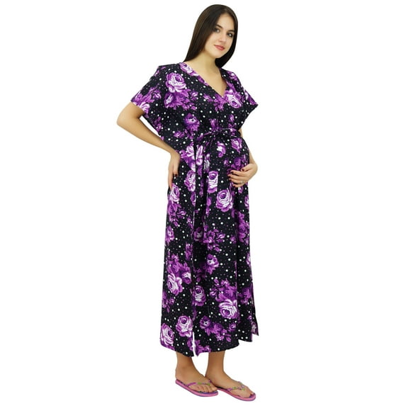 Bimba Maternity Floral Print Caftan Cotton Maxi Kaftan Nursing Night Gown