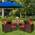 thumbnail image 3 of Costway 9PCS Patio Rattan Dining Set Cushioned Chairs Ottoman Wood Table Top Outdoor, 3 of 12