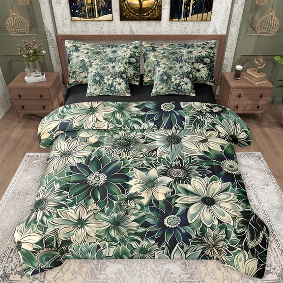 Manfei Chic Floral Flowers Twin Bedding Sets 7-Piece for Boys Girls,Spring Garden Bedding Comforter Set Microfiber,Vintage Aesthetics Breathable Sheet Sets,Lightweight Room Decor,Reversible