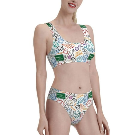 Uemuo Back To School Printed Women s High Waisted Bikini Sets Sporty Two Piece Swimsuits Color Block Cheeky High Cut Bathing Suits-Small