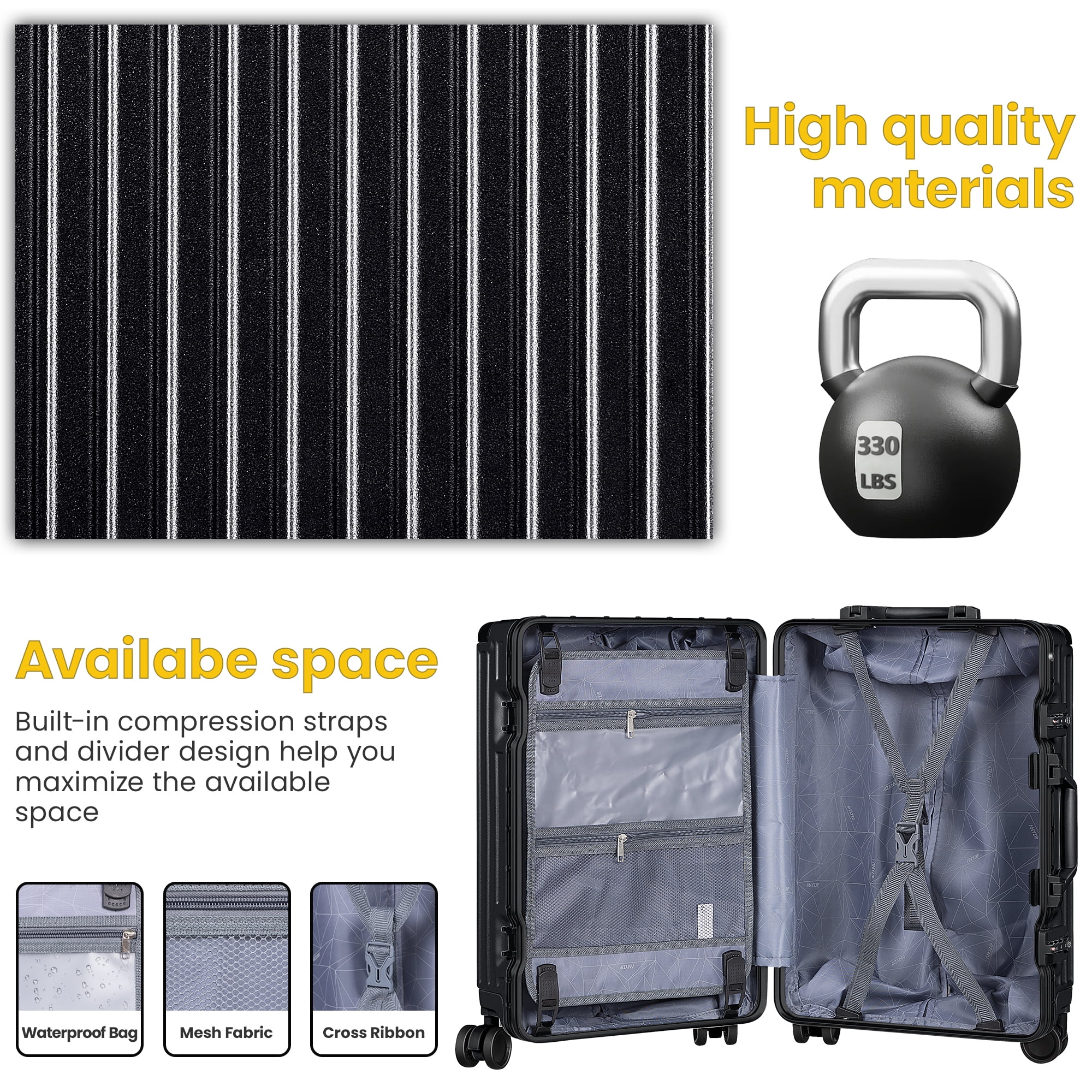 AMZFUN Carry On Luggage, Aluminium Frame, PC ABS Hard Shell, Suitcases with Wheels, TSA Lock, No Zipper, 28Inch, Sliver