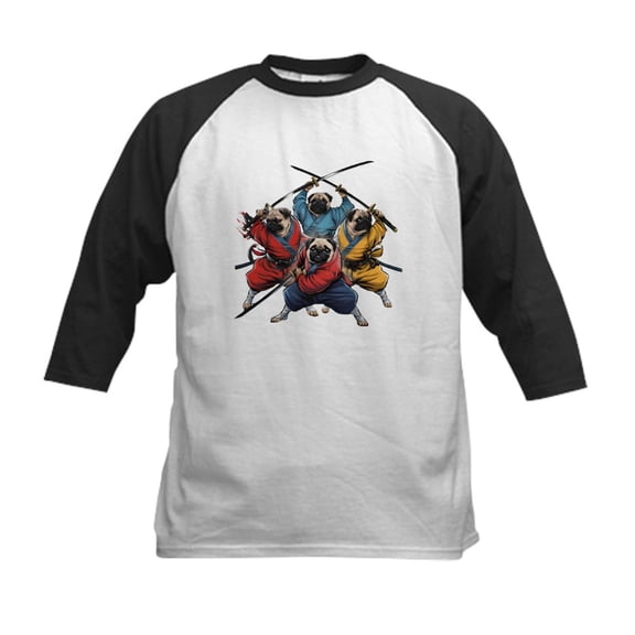 CafePress - Pugs Ninja T Shirt Kids Baseball T Shirt - Kids Cotton Baseball Jersey, 3/4 Sleeve Shirt
