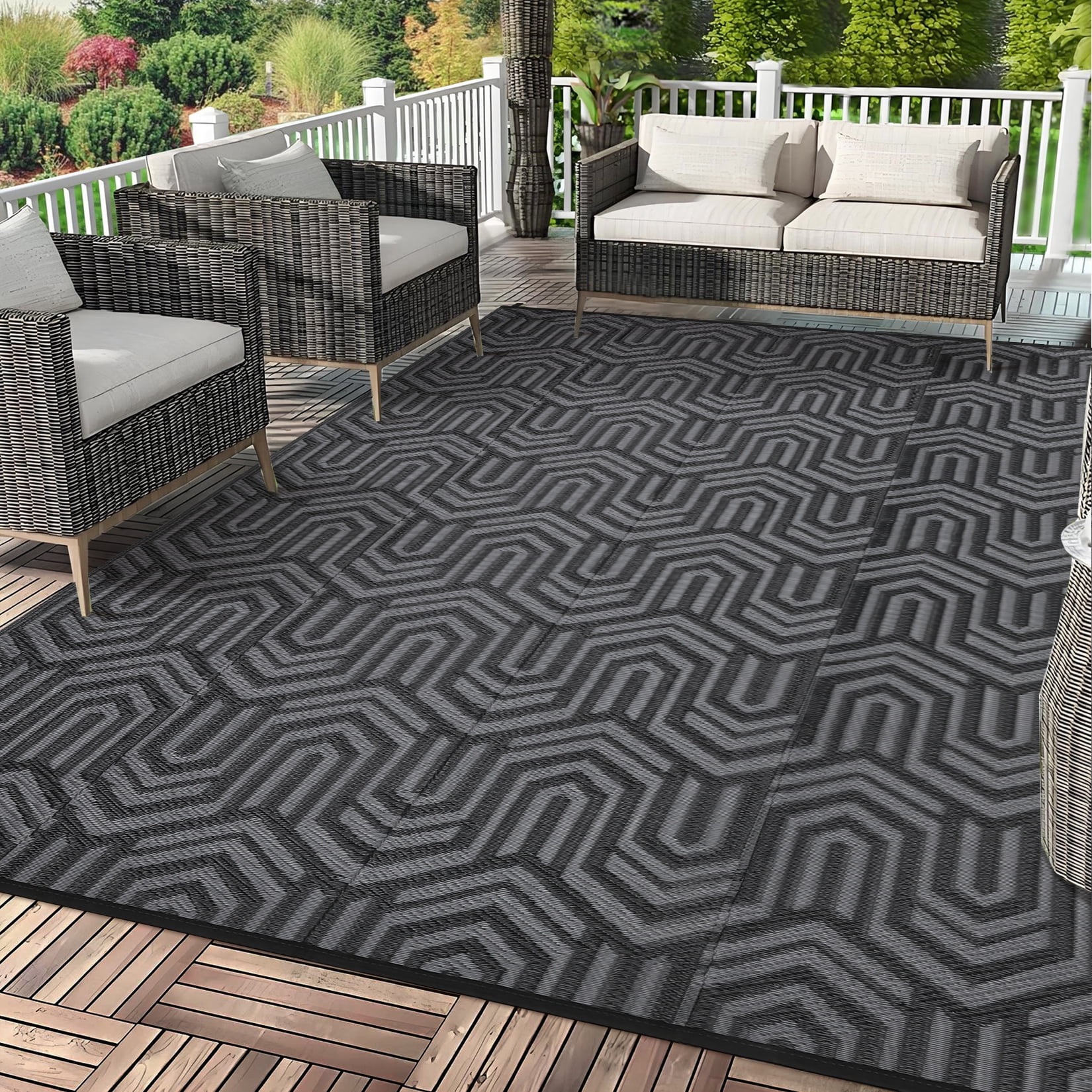 Garvee Waterproof Outdoor Rug 8x10ft Reversible Patio Rug, Plastic Straw Rug RV Camping Rug for Deck Balcony Porch Picnic Backyard, Black Gray