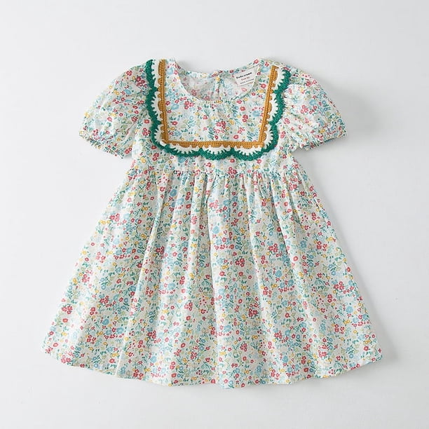 Vestido de verano de manga abullonada para niña, vestido de princesa con cuello cuadrado y encaje floral, vestido de manga corta para niña