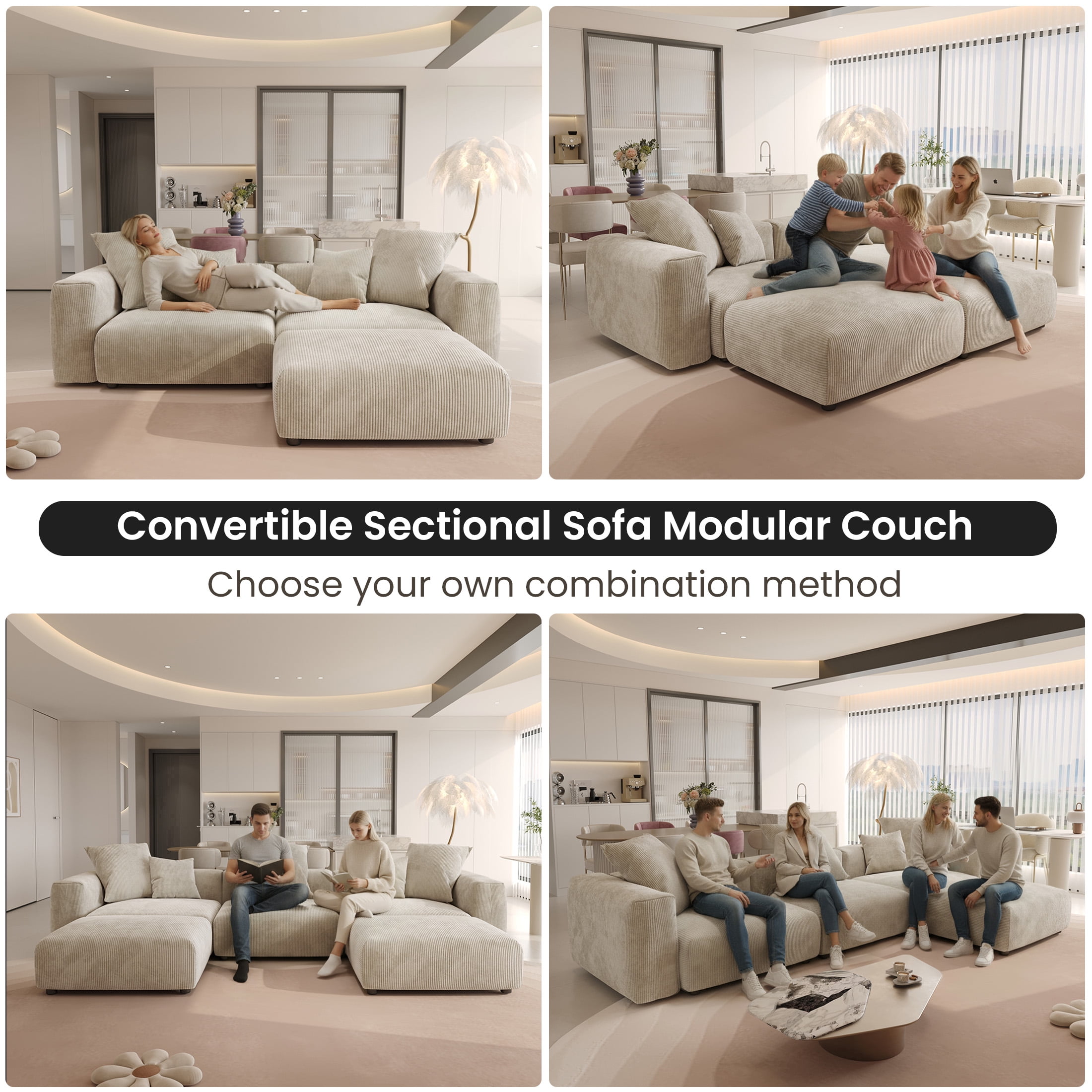 Magic Home Convertible Sectional Sofa Modular Couch,Modern Corduroy Sofa with Pillows for Living Room,Apartment and Small Space,3-Seat Sofa,Beige Sofa
