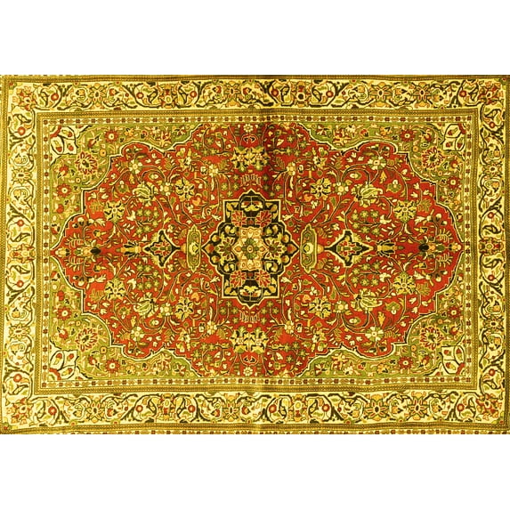 Ahgly Company Machine Washable Indoor Rectangle Persian Yellow Traditional Area Rugs, 2' x 4'