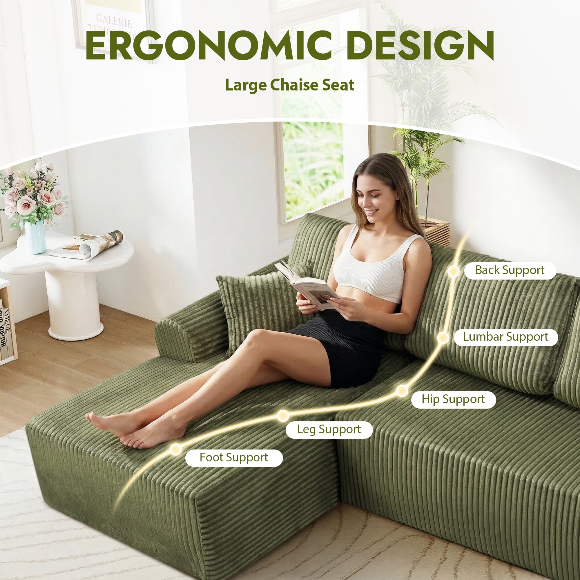 Aukfa 109" Modular Cloud Sectional Sofa with L-Shape Chaise, Corduroy Upholstered Deep Seat Couch, Left Facing Chaise, No Assembly Boneless Sofa for Living Room/Bedroom/Apartment, Green