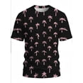 thumbnail image 2 of Men's crew neck T-shirt with a modern tropical design and a vibrant pink palm print on a black background is light and suitable for summer wear, 2 of 6