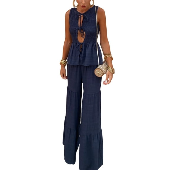 Women 2 Piece Casual Outfits Sleeveless Tie Front Peplumn Tops Wide Leg Pants Sets Streetwear for Vacation